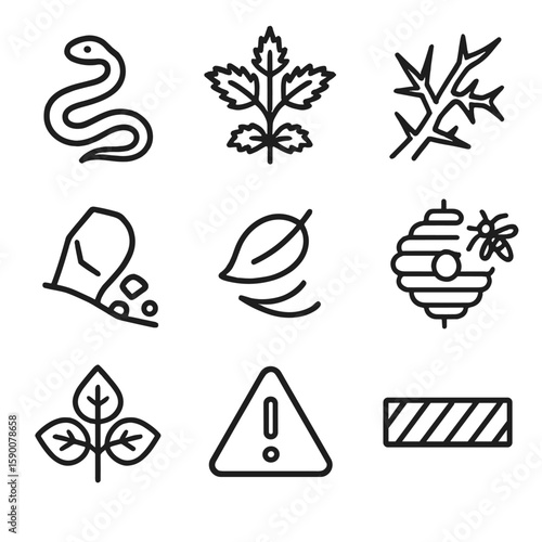 Hazard Recognition Icons. Line style icons of Hazard Recognition: snake silhouette, nettle plant, thorn bush, unstable rock,