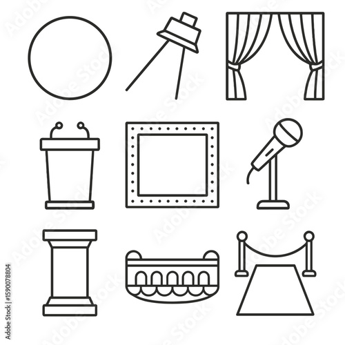 Stage Design Icons. Outline style icons of Stage Design Focal Elements: center-stage circle, spotlight beam, backdrop curtain,