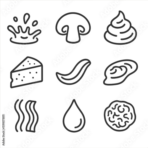 Umami Flavor Icons. Line style icons of Umami Savory Flavors: soy sauce splash, mushroom cap, miso paste dollop, parmesan wedge,