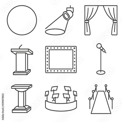 Stage Design Icons. Outline style icons of Stage Design Focal Elements: center-stage circle, spotlight beam, backdrop curtain,