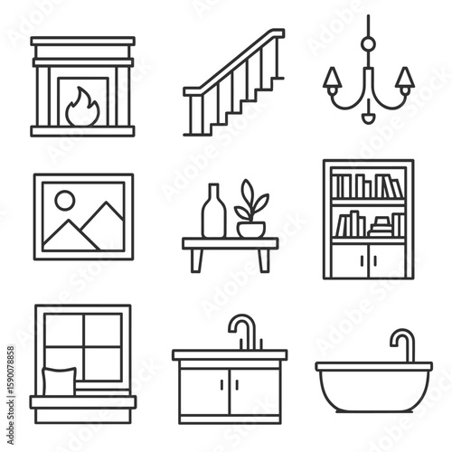 Show Home Icons. Outline style icons of Show Home Focal Features: model fireplace, feature staircase, designer chandelier, accent