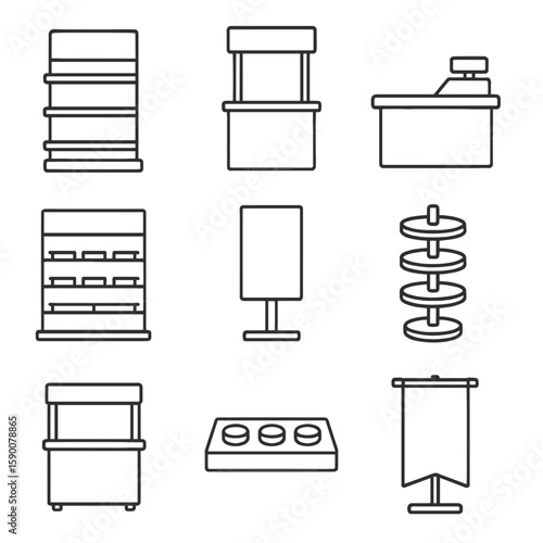 Retail Display Icons. Outline style icons of Retail Store Focal Displays: end-cap shelf, promotional kiosk, checkout counter,