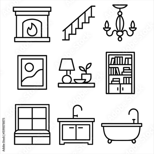 Show Home Icons. Outline style icons of Show Home Focal Features: model fireplace, feature staircase, designer chandelier, accent