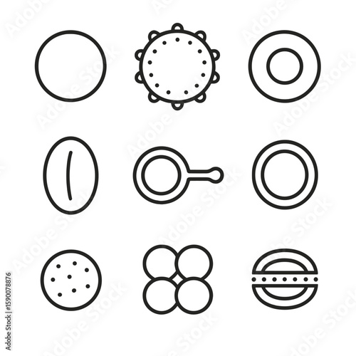 Pollen Morphology Icons. Outline style icons of Pollen Grain Morphology: pollen sphere, exine ornament, aperture pore, colpus