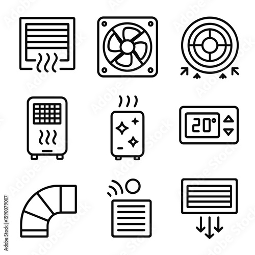 Fitting Room Ventilation Icons. Outline style icons of Fitting Room Ventilation: vent grille, exhaust fan, air diffuser,