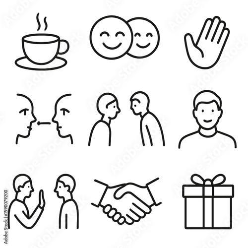 Building Rapport Icons. Outline style icons of Building Rapport: coffee cup, shared smile, open palm, eye contact line, leaning