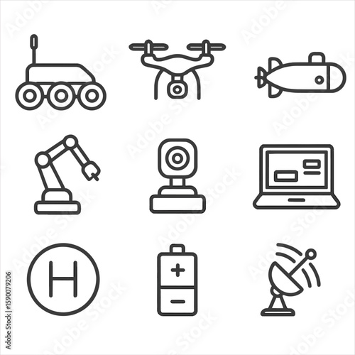 Unmanned Systems Icons. Outline style icons of Unmanned Systems: ground UGV robot, aerial drone quadcopter, underwater UUV,