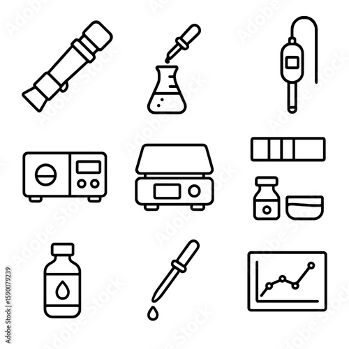 Salt Chemistry Icons. Outline style icons of Salt Chemistry Assays: refractometer, titration flask, conductivity probe,