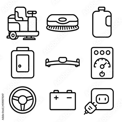 Heavy-Duty Floor Scrubber Icons. Outline style icons of Heavy-Duty Floor Scrubber: ride-on scrubber, brush deck, solution tank,