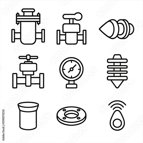 Pipeline Pigging Icons. Outline style icons of Pipeline Pigging Equipment: pig launcher, pig receiver, pipeline pig, valve