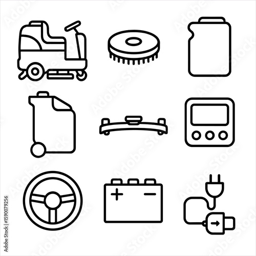 Heavy-Duty Floor Scrubber Icons. Outline style icons of Heavy-Duty Floor Scrubber: ride-on scrubber, brush deck, solution tank,