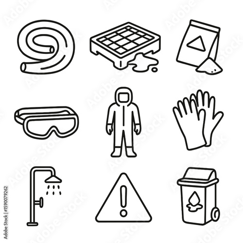 Chemical Spill Cleanup Icons. Outline style icons of Chemical Spill Cleanup: absorbent sock, spill pallet, neutralizer powder,
