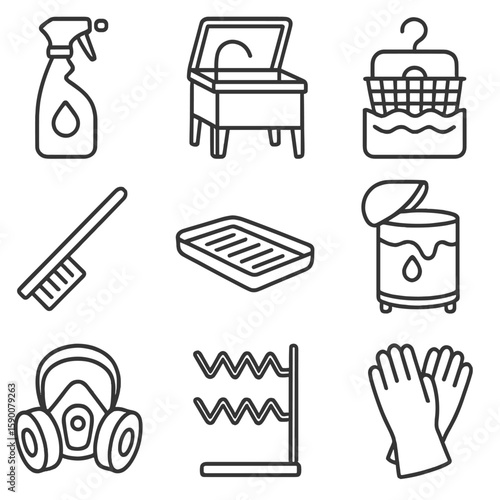 Industrial Degreasing Icons. Outline style icons of Industrial Degreasing: degreaser spray, parts washer, dunk tank, brush