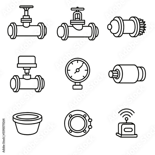 Pipeline Pigging Icons. Outline style icons of Pipeline Pigging Equipment: pig launcher, pig receiver, pipeline pig, valve