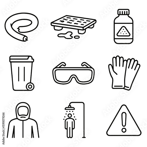 Chemical Spill Cleanup Icons. Outline style icons of Chemical Spill Cleanup: absorbent sock, spill pallet, neutralizer powder,