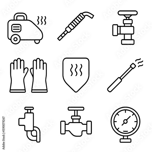 Steam Cleaning Icons. Outline style icons of High-Temperature Steam Cleaning: steam generator, hose nozzle, pressure valve, steam