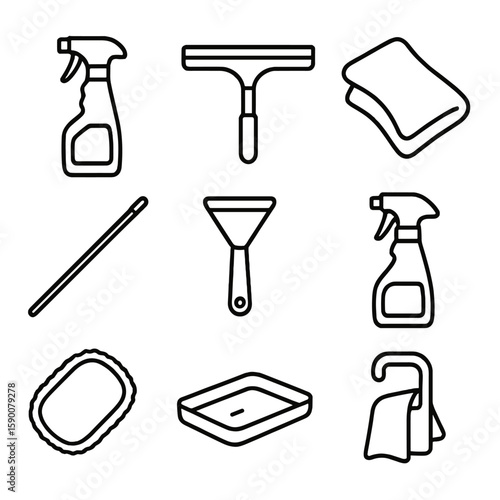 Window Cleaning Icons. Outline style icons of Window & Glass Surface Cleaning: glass cleaner spray, squeegee, lint-free cloth,