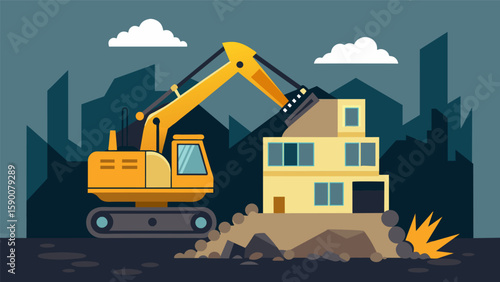 An excavator with a giant claw slowly and odically down each floor of a condemned building.. Vector illustration