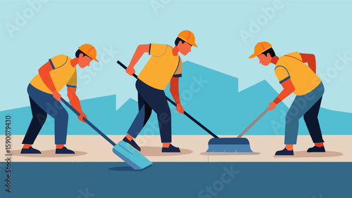 A team of workers carefully smoothing out a layer of selfleveling concrete ensuring a flawless and even surface.. Vector illustration