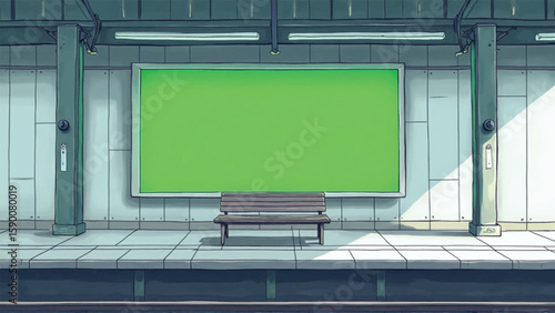 An artistic rendering of a subway station with a green screen display board and a bench, ideal for creative projects.