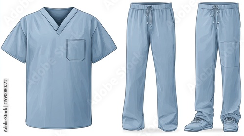Light Blue Medical Scrubs Set: Top And Pants