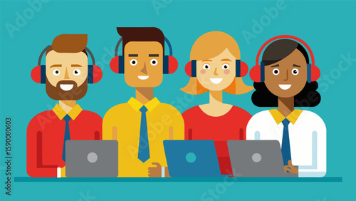 A team of workers wearing headsets use a designated radio frequency to communicate and coordinate their efforts.. Vector illustration