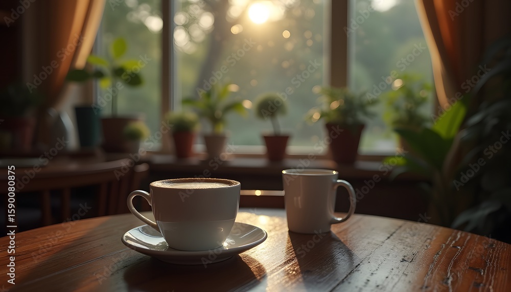 Fototapeta premium Morning Coffee on the Wooden Terrace