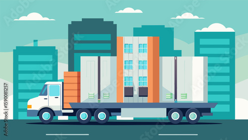 A series of modular bathroom units being transported and stacked on a flatbed truck before being installed into a highrise building.. Vector illustration