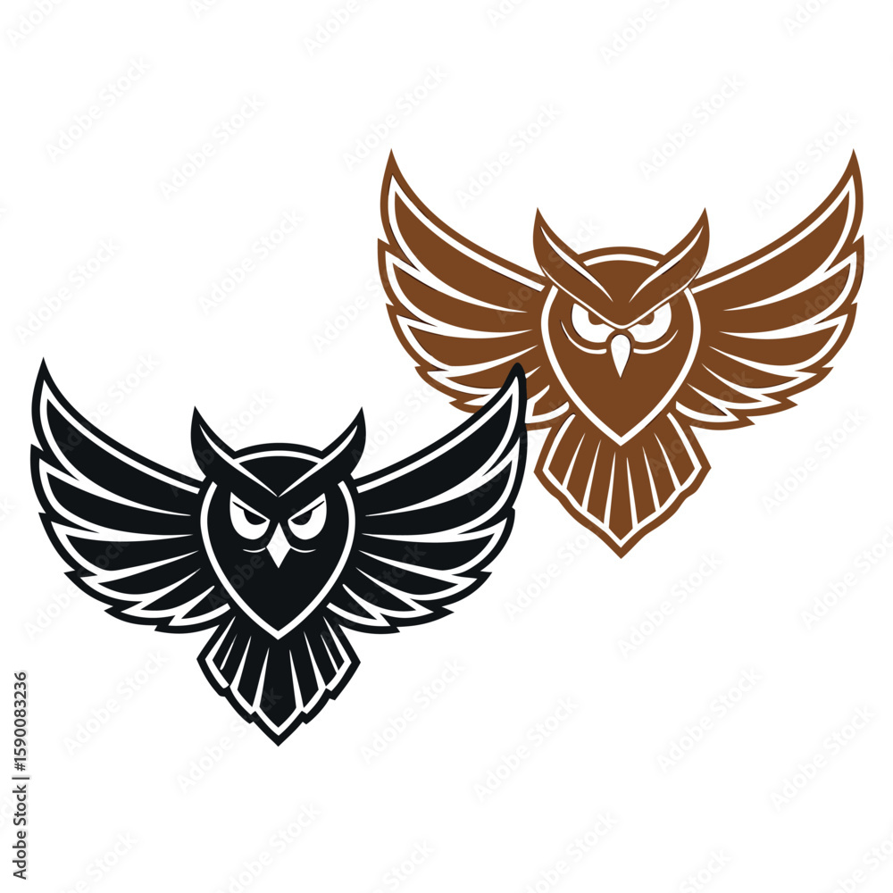Fototapeta premium Two stylized owls with spread wings black and brown