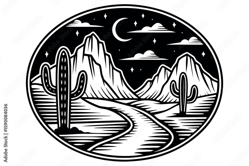 Fototapeta premium Black and white desert landscape with cacti and mountains at night