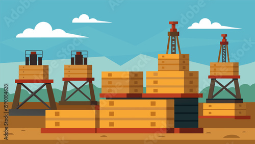 A line of large wooden crates sits at the edge of a fracking site each containing specialized tools and equipment needed for the hydraulic fracturing. Vector illustration