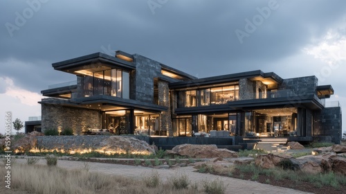 Modern Stone House at Dusk