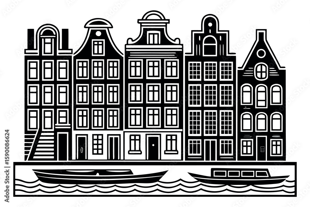 Obraz premium Black and white line drawing of canal houses and boats