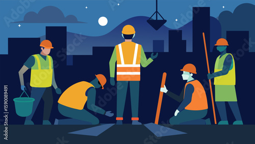 A night shift supervisor wearing a reflective safety vest overseeing a team of workers as they pour concrete for a new sidewalk.. Vector illustration