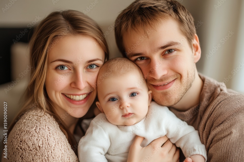 Happy family portrait featuring parents and baby indoors during daylight Happy family portrait featuring parents and baby indoors during daylight