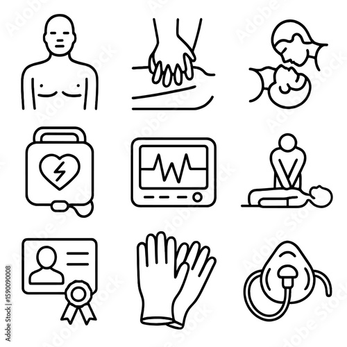 CPR Training Icons. Outline style icons of CPR Training Drill: CPR mannequin, chest compression icon, rescue breath symbol, AED