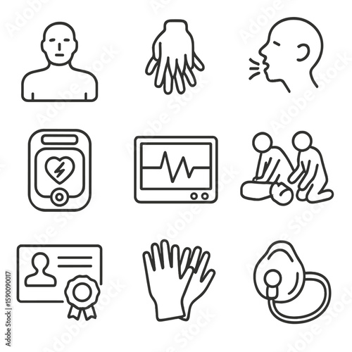 CPR Training Icons. Outline style icons of CPR Training Drill: CPR mannequin, chest compression icon, rescue breath symbol, AED