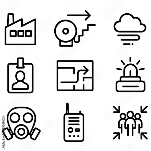 Industrial Evacuation Icons. Outline style icons of Industrial Evacuation Drill: factory bell, emergency stair, smoke icon,