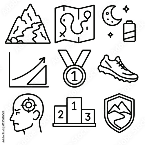 Trail Running Icons. Outline style icons of Advanced Trail Running: technical terrain, ultra route map, night endurance icon,