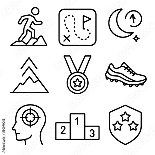 Trail Running Icons. Outline style icons of Advanced Trail Running: technical terrain, ultra route map, night endurance icon,