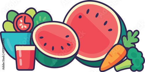 Adobe Illustrato🥗 CRUNCH INTO COLOR: Fresh broccoli, crisp carrot & juicy watermelon blend for vibrant vitality. DOWNLOAD NOW to inject healthy energy into your designs! UNLEASH CREATIVITY NOW! 🚀✨ 