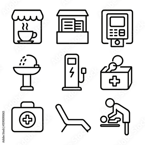Train Station Amenities. Line style icons of train station amenities: coffee shop, newsstand, ATM, water fountain, charging