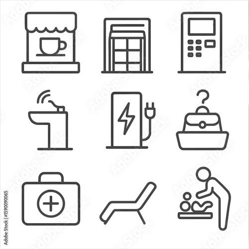 Train Station Amenities. Line style icons of train station amenities: coffee shop, newsstand, ATM, water fountain, charging