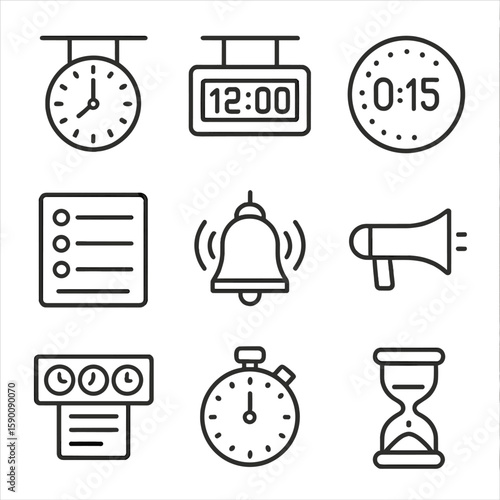 Train Station Time Icons. Line style icons of train station timekeeping: analog clock, digital clock, countdown timer, schedule