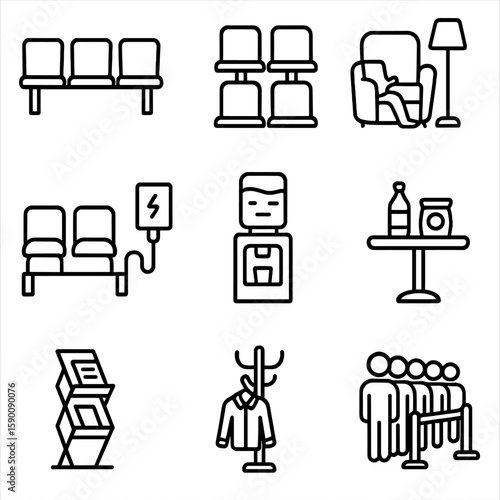 Train Station Icons. Line style icons of train station waiting areas: bench row, chair cluster, reading nook, charging hub, water