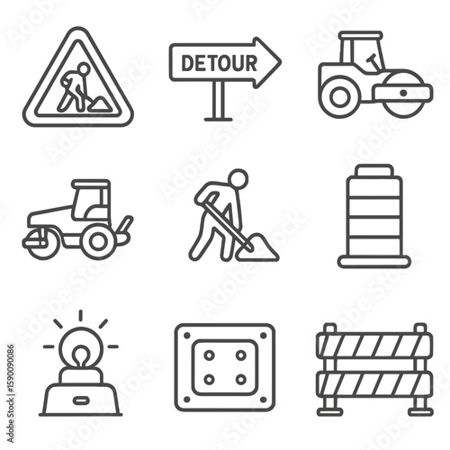 Roadwork Icon Set. Line style icons of traffic management roadworks: construction sign, detour route, road roller, paving machine,