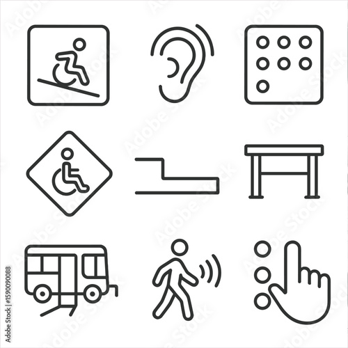 Traffic Accessibility Icons. Line style icons of traffic management accessibility: ramp sign, audio signal, tactile paving,