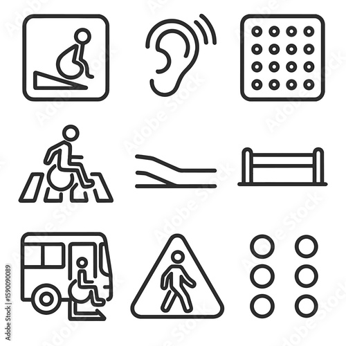 Traffic Accessibility Icons. Line style icons of traffic management accessibility: ramp sign, audio signal, tactile paving,