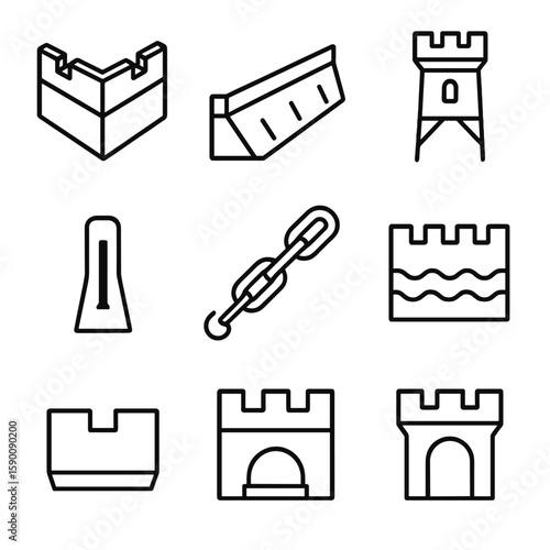 Fortification Line Icons. Line style icons of Defensive Fortifications: bastion corner, rampart wall, watchtower, firing slit,