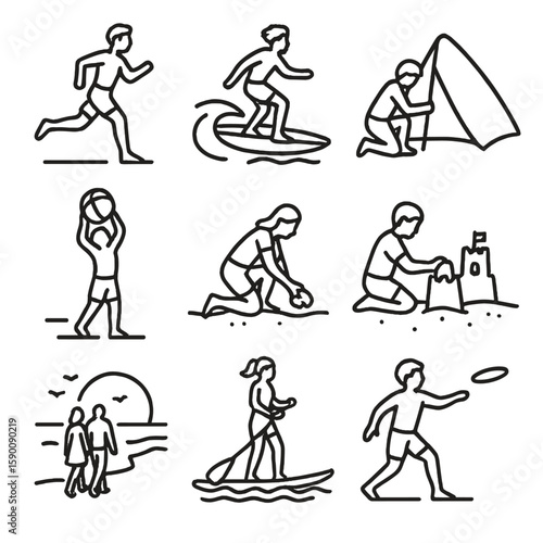 Beach Adventure Icons. Outline style icons of Beach Adventure Silhouette: running along shore, surfing silhouette, setting up